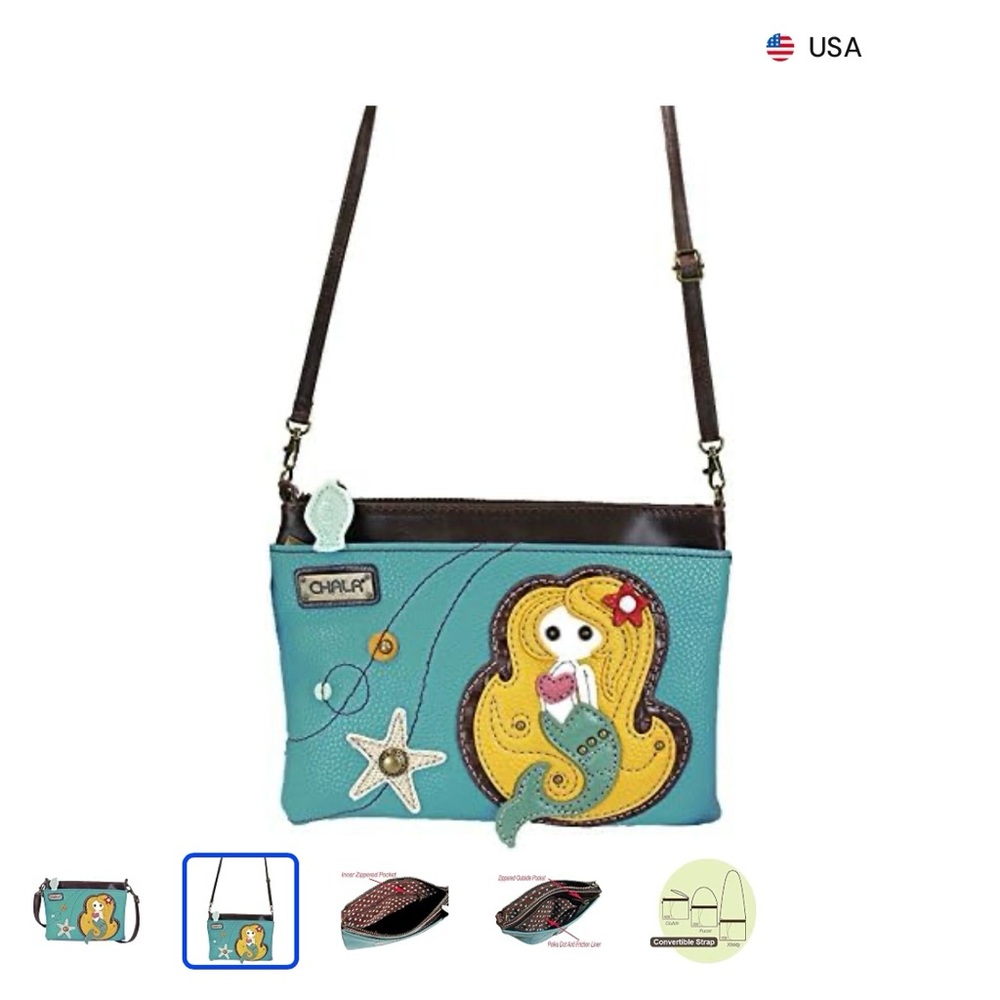 Chala Light Blue Mermaid small Crossbody Bag with Brown Trim - Picture 4 of 11